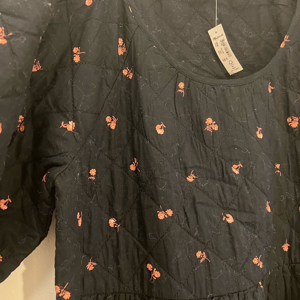 NWT Madewell Large Quilted Black Dress Red Floral with Pockets Scoop Neck - Picture 3 of 6